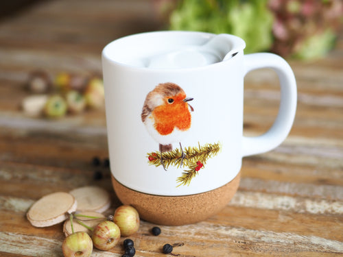 „Korktasse mit Naturmotiv, 330 ml, abnehmbarer Deckel und Korkboden“