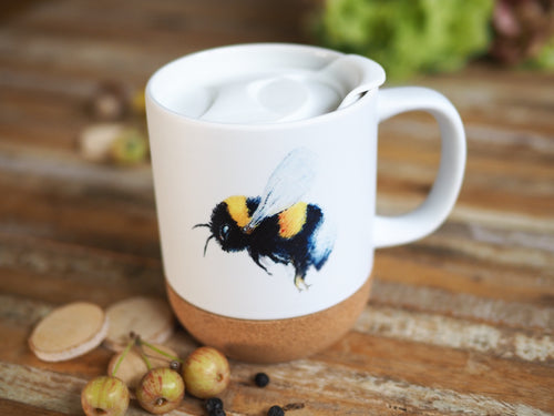 Keramiktasse mit abnehmbarem Korkboden und Deckel, liebevoll bedruckt mit Naturmotiv