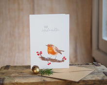 Laden Sie das Bild in den Galerie-Viewer, Weihnachtskarte / Klappkarte inkl. Umschlag &quot;Rotkehlchen und Beeren mit Gruß&quot; auf feinstem Cotton-Papier
