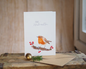 Weihnachtskarte / Klappkarte inkl. Umschlag "Rotkehlchen und Beeren mit Gruß" auf feinstem Cotton-Papier
