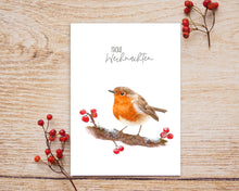 Laden Sie das Bild in den Galerie-Viewer, Weihnachtskarte Rotkehlchen und Beeren– mit oder ohne Schriftzug
