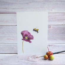 Laden Sie das Bild in den Galerie-Viewer, Kunstdruck / gedruckte Karte mit Hummel und lila Mohnblume auf feinstem Cotton-Papier
