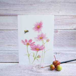 Kunstdruck / gedruckte Karte mit Hummel und rosa Blume auf feinstem Cotton-Papier