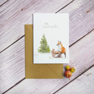 Klappkarte / Kunstdruck inkl. Umschlag mit Fuchs und Hase auf feinstem Cotton-Papier, Helle Tage Weihnachten Tannenbaum