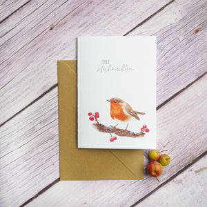 Klappkarte / Kunstdruck inkl. Umschlag mit Rotkehlchen und Beeren auf feinstem Cotton-Papier, Helle Tage Weihnachten Tannenbaum