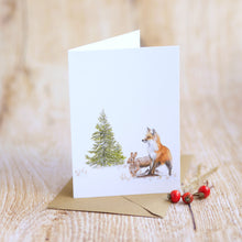 Laden Sie das Bild in den Galerie-Viewer, Klappkarte / Kunstdruck inkl. Umschlag mit Fuchs und Hase auf feinstem Cotton-Papier, Helle Tage Weihnachten Tannenbaum
