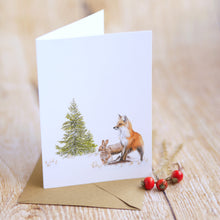 Laden Sie das Bild in den Galerie-Viewer, Klappkarte / Kunstdruck inkl. Umschlag mit Fuchs und Hase auf feinstem Cotton-Papier, Helle Tage Weihnachten Tannenbaum
