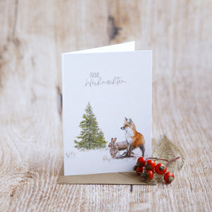 Klappkarte / Kunstdruck inkl. Umschlag mit Fuchs und Hase auf feinstem Cotton-Papier, Helle Tage Weihnachten Tannenbaum